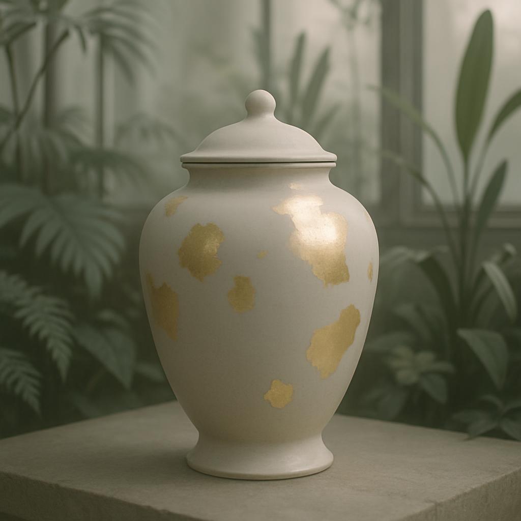 Ein weißes, schmuckloses Urnengesicht steht auf einem Tisch und hat ein Deckel. Goldflächen blitzen auf der Seitenfläche, ...