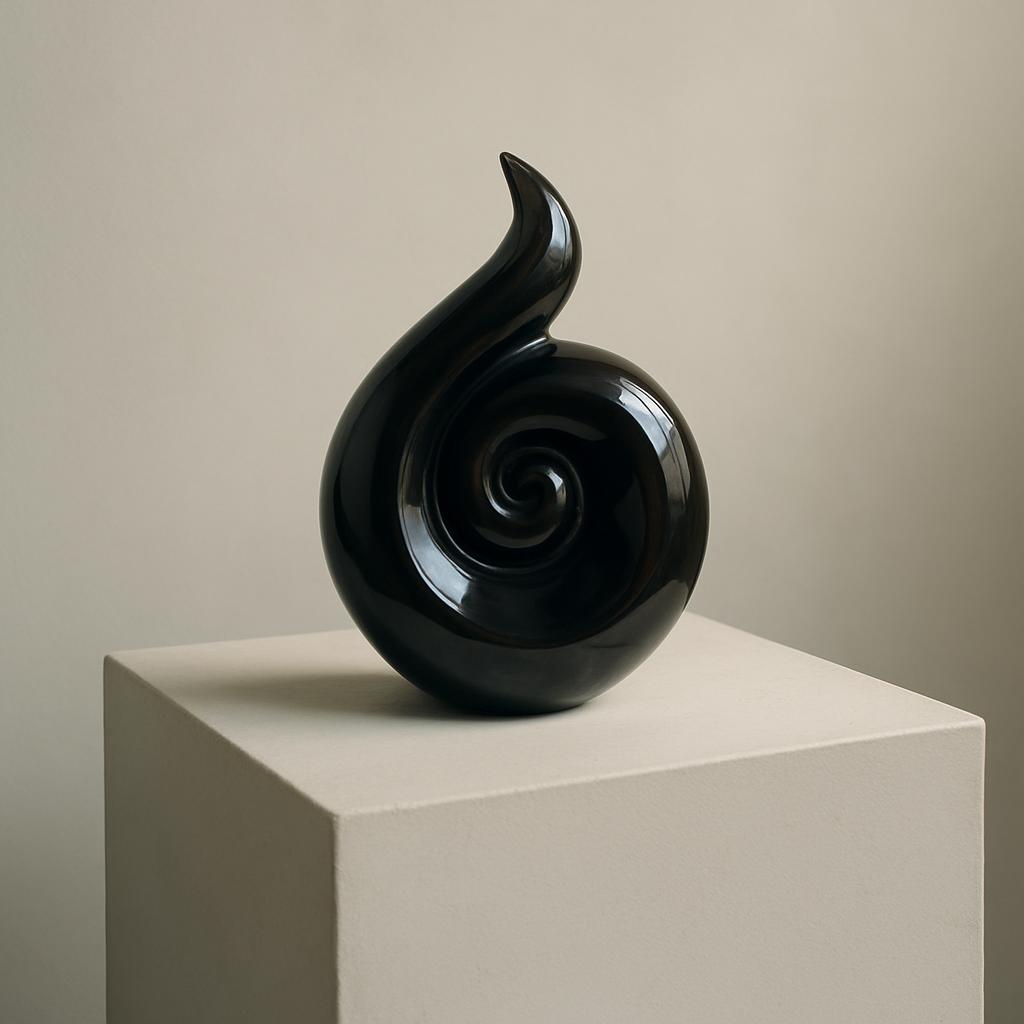 The image shows the dark, intricately designed vase in the center alone, with a plain, off-white background. Clarity is fu...