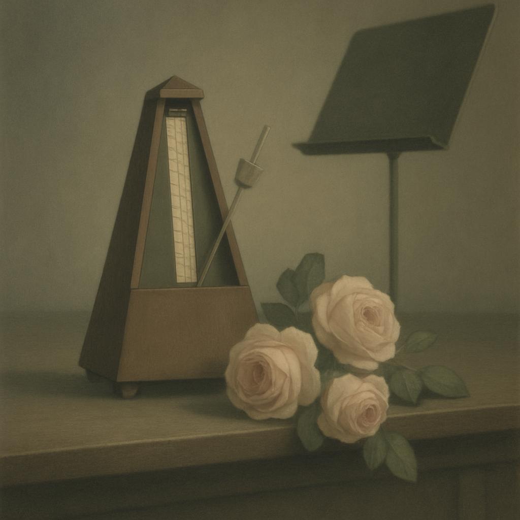 * The image depicts a painting in the style of Still Life, featuring a Metronome, a music stand, and white roses. * The al...